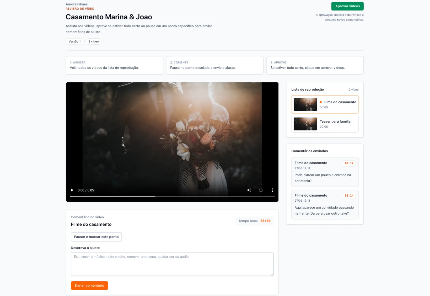 Página de revisão de vídeo do Cermony com player, lista de vídeos e comentários enviados pelo cliente.